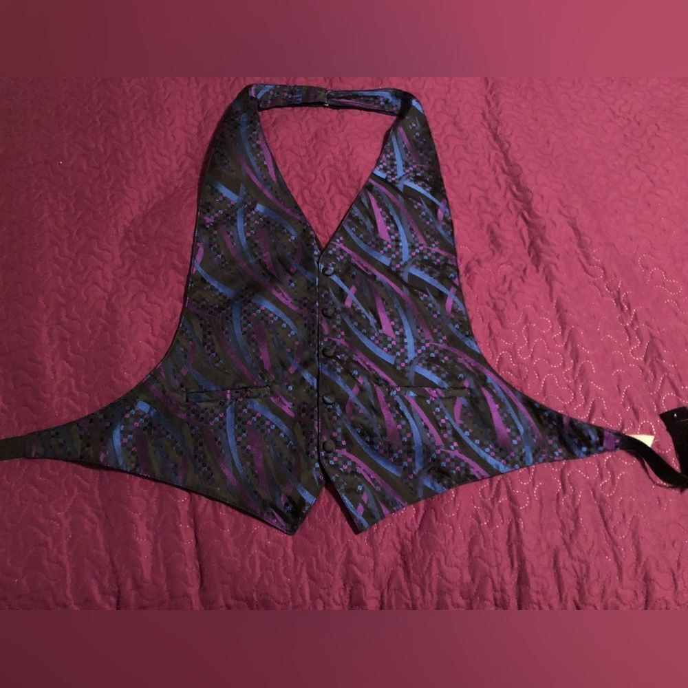 Tux beautiful purple / blue  & black vest L/ XL adjustable at neck and back